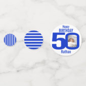 Gelukkige verjaardag 50e naam foto blauw wit confetti (Achterkanten)