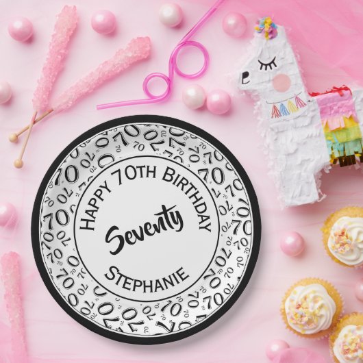 Gelukkige Verjaardag 70ste Zwart/Wit Getal Patroon Papieren Bordje (Feest)