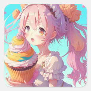 Gelukkige Verjaardag Anime Meisje met Whimsical Cu Vierkante Sticker
