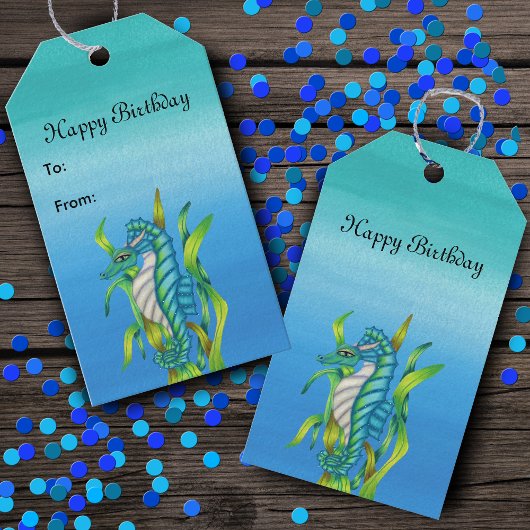 Gelukkige Verjaardag Aqua Blue Zee Dragon Creature Cadeaulabel