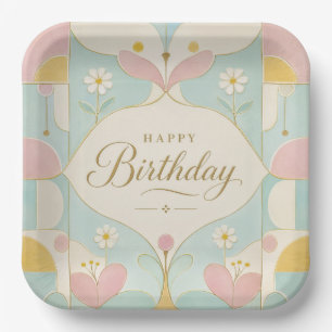 Gelukkige Verjaardag Art Deco Pastel Bloem Geometr Papieren Bordje