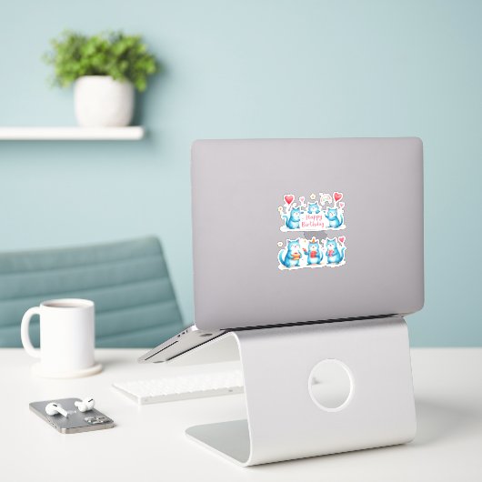 Gelukkige Verjaardag - Blauwe Katten - Cake Balloo Sticker (Laptop op bureau)