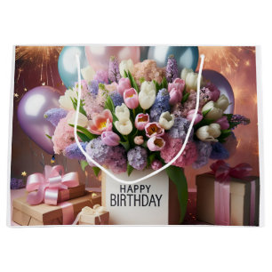 Gelukkige verjaardag, bloemen en geschenken, door groot cadeauzakje