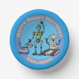 Gelukkige verjaardag cartoon robots papieren kommen