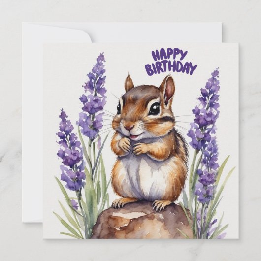Gelukkige Verjaardag Chipmunk met Lavendel Bloemen Kaart (Voorkant)