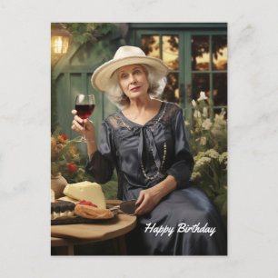 Gelukkige Verjaardag Dame in de tuin met wijn en k Briefkaart