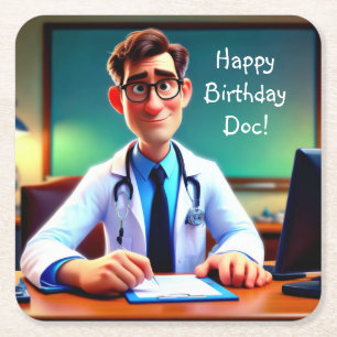 Gelukkige verjaardag Doc Vierkante Kartonnen Onderzetter