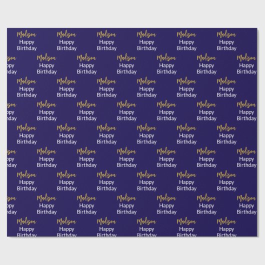 Gelukkige Verjaardag Donkerblauw Wit Goud Script N Cadeaupapier (Vlak)