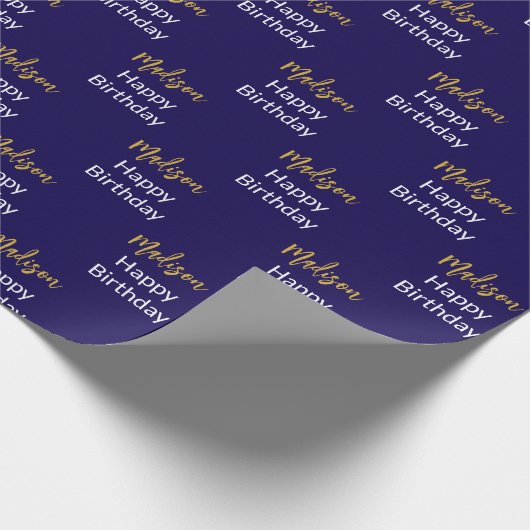 Gelukkige Verjaardag Donkerblauw Wit Goud Script N Cadeaupapier (Hoek)