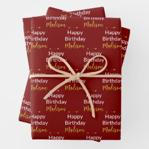 Gelukkige Verjaardag Donkerrood Wit Goud Script Na Inpakpapier Vel