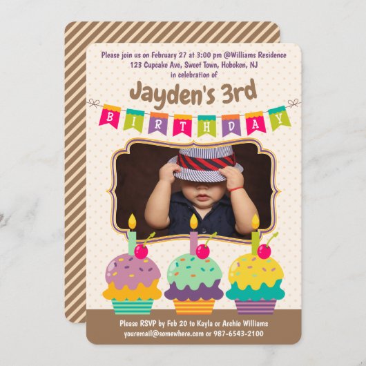 Gelukkige Verjaardag Drie Cupcakes Bunting Foto Kaart (Voorkant / Achterkant)
