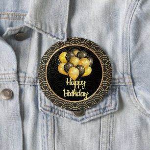 Gelukkige verjaardag, elegante zwart en goud ronde button 4,0 cm
