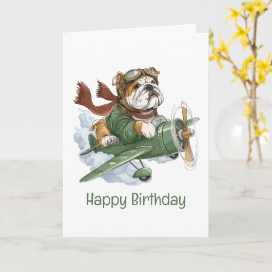 Gelukkige Verjaardag Engels Bulldog Pilot Vliegtui Kaart (Gele Bloem)