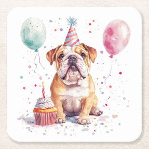 Gelukkige verjaardag Engelse Bulldog Vierkante Kartonnen Onderzetter