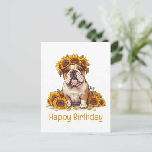 Gelukkige Verjaardag Engelse Bulldog Zonnebloem Kr Briefkaart (Staand voorkant)