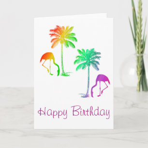 Gelukkige Verjaardag Flamingo's Palmboom Regenboog Kaart