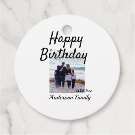 Gelukkige verjaardag foto familienaam elegante kla bedankjes labels