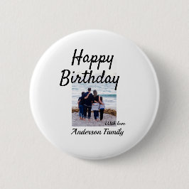 Gelukkige verjaardag foto familienaam elegante kla ronde button 5,7 cm