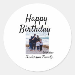 Gelukkige verjaardag foto familienaam elegante kla ronde sticker