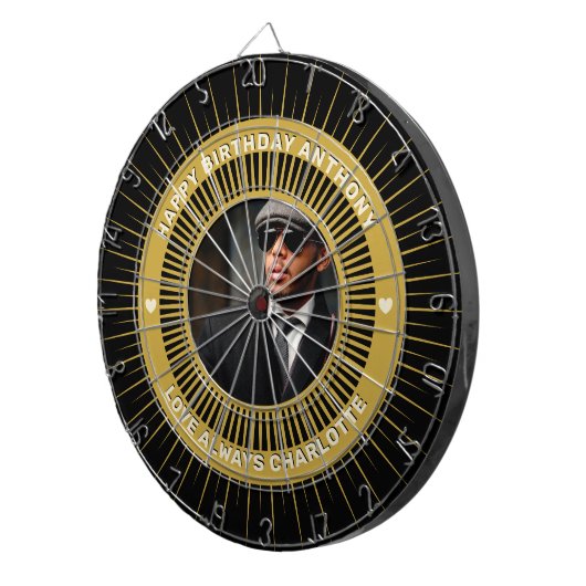 Gelukkige Verjaardag Foto Goud Zwart Modern Custom Dartbord (Voorkant Rechts)