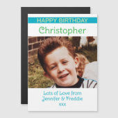 Gelukkige Verjaardag foto naam blauwe magnetische Magnetische Uitnodiging (Voorkant / Achterkant)