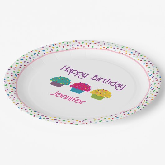 Gelukkige Verjaardag Frosted Cupcakes Rainbow Spri Papieren Bordje (Gekanteld)