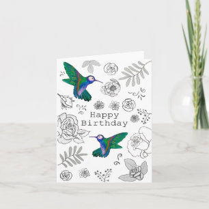 Gelukkige Verjaardag Geïllustreerde Bloemenkolibri Kaart