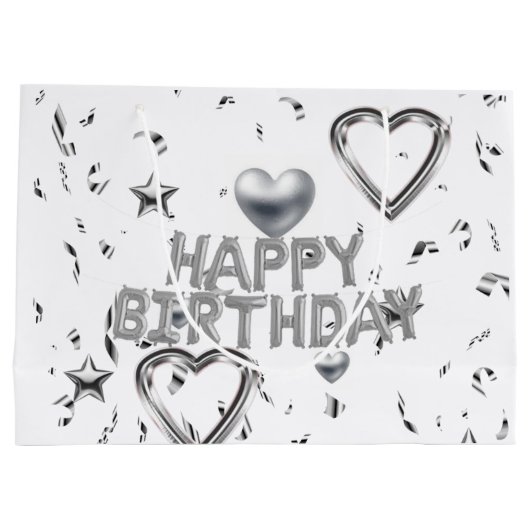 Gelukkige Verjaardag Gift Bag Zilveren Harten Groot Cadeauzakje (Achterkant)