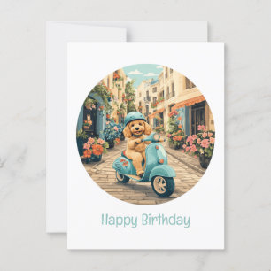 Gelukkige verjaardag Goldendoodle hond rijdt op ee Briefkaart