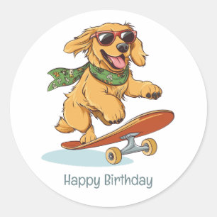 Gelukkige verjaardag Goud Retriever Hond Skateboar Ronde Sticker