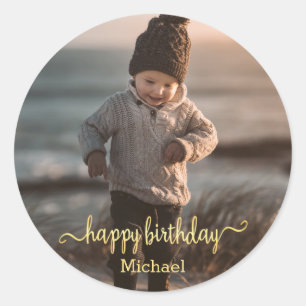 Gelukkige Verjaardag Gouden Kalligrafie Foto Ronde Sticker