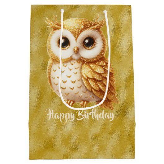 Gelukkige Verjaardag Gouden Kleur Uil op Goud Medium Cadeauzakje (Achterkant)