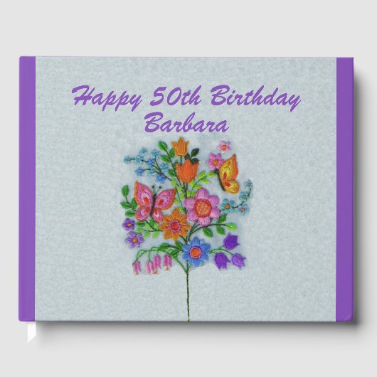 Gelukkige Verjaardag Heldere Bloem Boeket Vlinders Gastenboek (Voorkant)