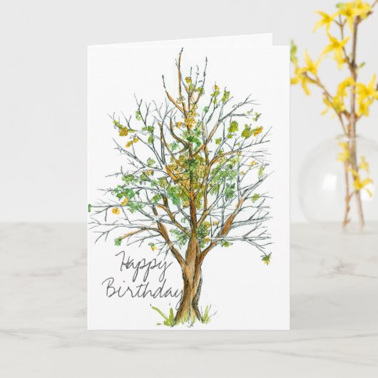 Gelukkige Verjaardag Herfst Boompen en Inkt Tekene Kaart (Gele Bloem)