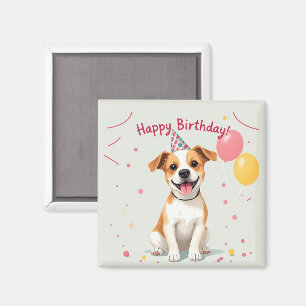 Gelukkige verjaardag hond met feesthoed en ballonn magneet
