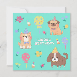 Gelukkige Verjaardag: Honden, Ballonnen & Bloemen Feestdagenkaart