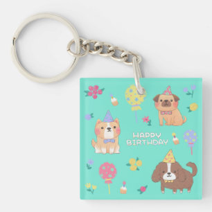 Gelukkige Verjaardag: Honden, Ballonnen & Bloemen Sleutelhanger