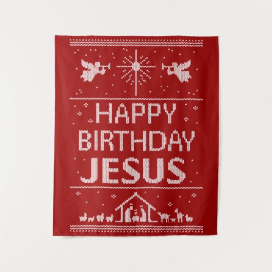 Gelukkige Verjaardag Jezus Kerstmis Breien Religie Wandkleed (Voorkant)