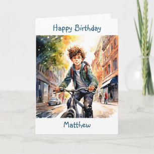 Gelukkige verjaardag   Jongen op de fiets in de st Kaart