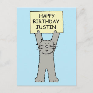 Gelukkige verjaardag Justin Cartoon Cat Briefkaart