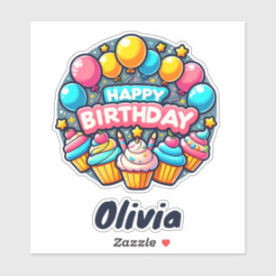 Gelukkige Verjaardag Kleurrijke Ballonnen en Cupca Sticker