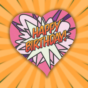 GELUKKIGE VERJAARDAG Leuk Retro Stripboek Roze Hart Sticker