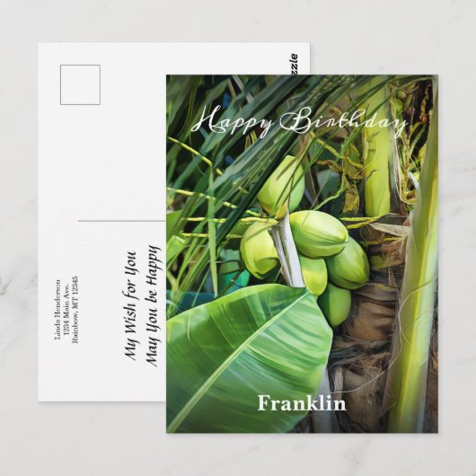 Gelukkige Verjaardag Mannen Kokosnoten Bomen Tropi Briefkaart (Voorkant / Achterkant)