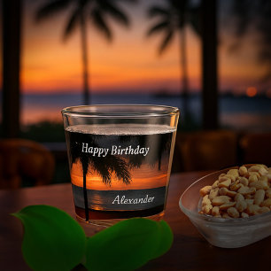 Gelukkige Verjaardag Mannen Zonsondergang Tropisch Shot Glas