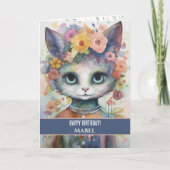 Gelukkige Verjaardag Meisje Paarse Kat Brede Ogen Kaart (Voorkant)