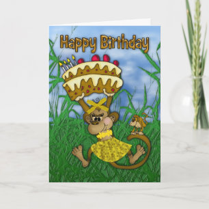 Gelukkige Verjaardag met aap die taart vasthoudt Kaart