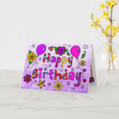 Gelukkige verjaardag met grillige bloemen en ballo kaart (Gele Bloem)