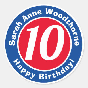 Gelukkige verjaardag met naam en leeftijd 10 ronde sticker