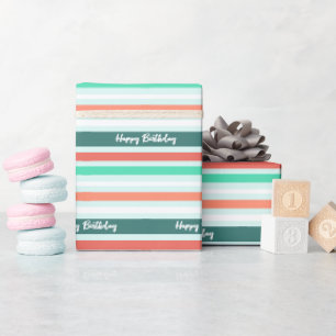 Gelukkige Verjaardag Moderne Perzik Aqua Streeppat Cadeaupapier