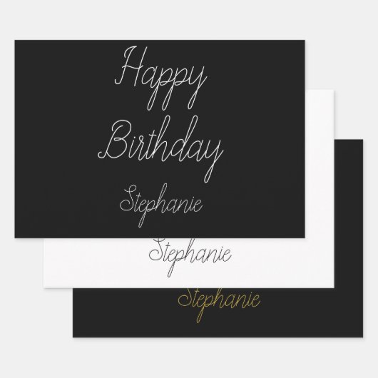 Gelukkige Verjaardag Monogram Naam Zwart Wit Goud Inpakpapier Vel (Set)